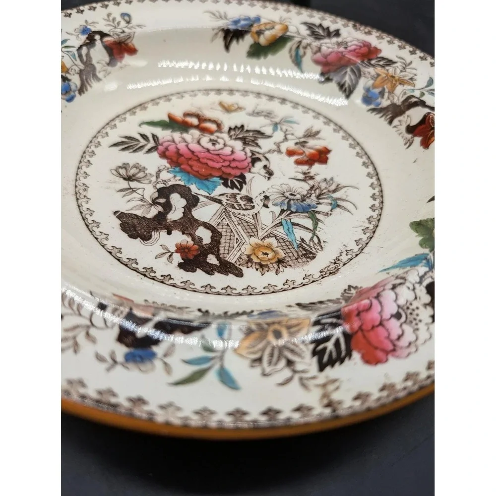 Antique‎ Wedgwood Bullfinch Ironstone Polychrome Floral Transferware Soup Bowl